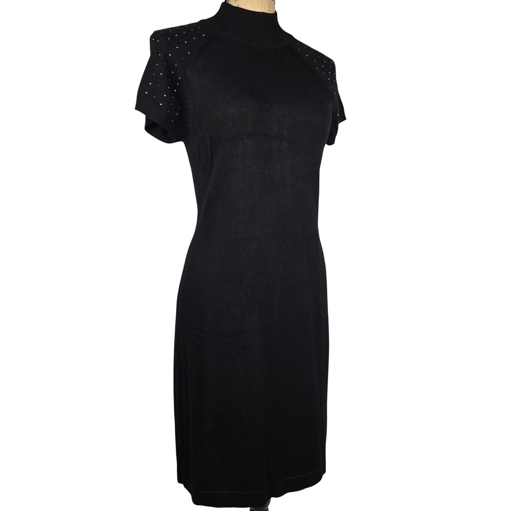 Cute AB Studio Medium Black Rhinestone Embellished‎ Mock Neck Short Sleeve Dress